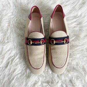 Gucci Brixton Canvas Malaga Kid Web Womens Horsebit Loafers Sand Romantic Cerise